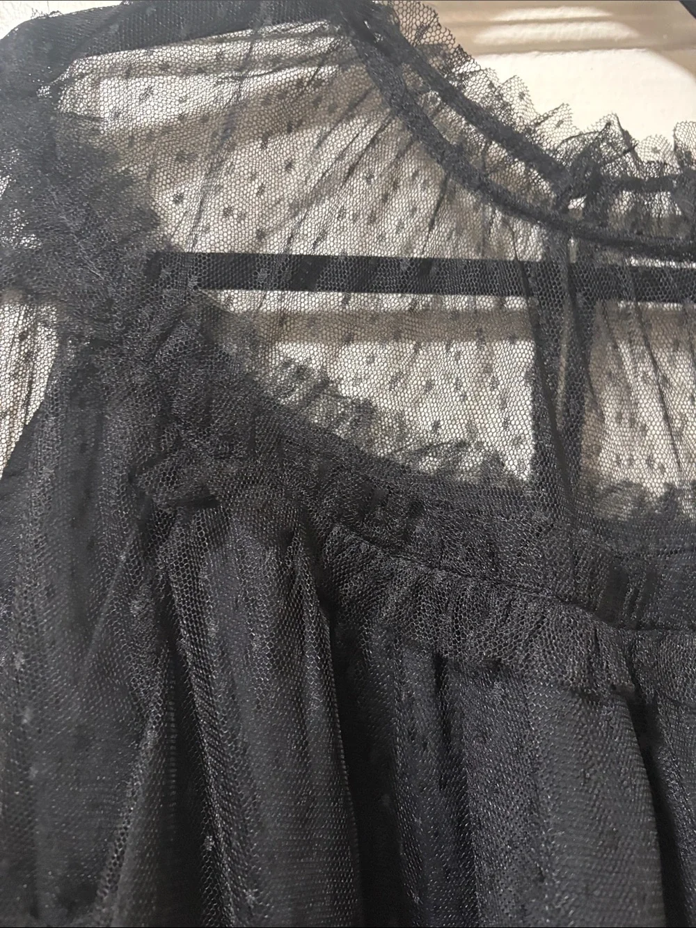 Jcrew Black Sheer Dot Mesh Blouse with Ruffle Neckline